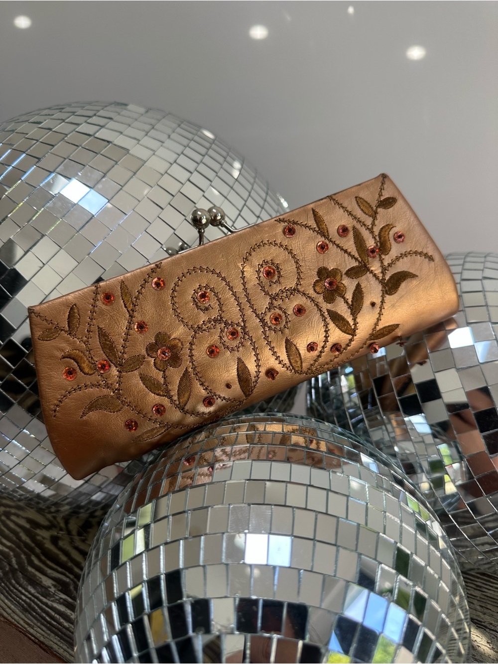 Embroidered Metallic Copper Clutch Purse